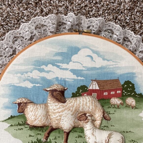 Vintage Sheep Farm Lace Embroidery Hoop Wall Art - Picture 3 of 7
